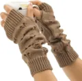 Brown knit arm warmers fingerless gloves winter warm cozy long wrist cuffs for women - One Size / Khaki