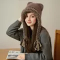 Cute cat ear knitted hat detail view, winter warm plush earflap braided woolen cap for women. - Coffee