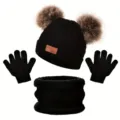 Set gorro bufanda guantes invierno niños, gorro negro con pompones y cuello polar cálido y suave. - Negro