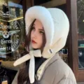 Pasamontañas de Algodón Plumón Espesado Invierno Cálido Orejeras Bomber Sombrero Peluche - Blanco Roto