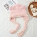 Cute cat ear knitted hat winter warm plush braided tassel beanie earflap winter hat cozy - Pink
