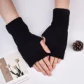 Guantes negros de invierno sin dedos para mujer, calentadores de manos de lana de color sólido. - Talla única / Negro