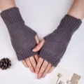 Guantes de punto grises sin dedos para mujer, manoplas de lana de color sólido invierno. - Talla única / Gris oscuro