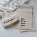 Cute dachshund embroidery knitted scarf and beanie set detail, soft warm winter wool blend. - Set / Off White