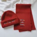 Cute dachshund embroidered red knit hat and scarf set for women autumn winter warm wear. - Set / Red
