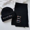 Cute dachshund embroidery detail on black winter knit scarf and beanie set for women. - Set / Black