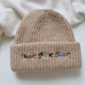 Cute dachshund embroidered knit beanie for women, cozy winter warm wool blend slouchy hat stylish. - Hat / Khaki