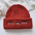 Red knit beanie hat for women winter, cute dachshund dog embroidery, warm wool blend cap. - Hat / Red