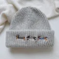 Cute dachshund embroidery detail on grey ribbed knit beanie winter warm cozy fashion accessory - Hat / Gray