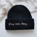 Cute dachshund embroidered black knit beanie hat, cozy wool blend winter warm cap for women. - Hat / Black