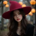 Detailed view of a knitted red witch hat worn by a model, perfect for Halloween. - Burgundy