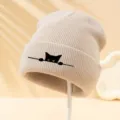 Gorro de punto con estampado de gato negro para mujer y hombre, gorrito de invierno cálido. - Beige