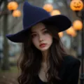 Knitted Halloween witch hat with pointy foldable design, perfect for cosplay parties. - Navy Blue