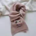 Cute dachshund embroidered knit scarf, warm winter wool blend women scarf detail view. - Scarf / Pink