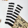 Black and white striped knitted arm warmers, cozy winter thermal long sleeve cuffs. - One Size / Black and White