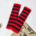 Red black striped knitted arm warmers winter cozy long fingerless gloves variant style - One Size / Red & Black