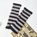 Black and grey striped knit arm warmers, fingerless winter long sleeves gloves for women. - One Size / Black and Gray