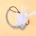 Vintage 1920s Gatsby feather rhinestone headband sparkling crystal hair chain party accessory - Leaf-Shaped Silver