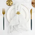 White Bali gauze pleated cloth napkin with gold leaf napkin ring for home party wedding decor. - No. 16 Off-White