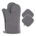 Grey silicone heat resistant oven mitts and pot holders set for kitchen baking and cooking. - Grey 4-Piece Set (2 Mitts + 2 Placemats)