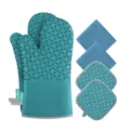 Teal silicone oven mitts and potholders set, heat-resistant kitchen baking gloves and towels. - Lake Blue Six-Piece Set