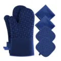 Blue Silicone Oven Mitts and Potholders Set Kitchen Heat Resistant Baking Gloves Towels - Ocean Blue Six-Piece Set