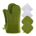 Green silicone oven mitts and pot holders set with kitchen towels for baking cooking. - Olive Green Six-Piece Set