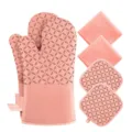 Pink silicone heat resistant oven mitts and pot holders set for kitchen baking use. - Pink Six-Piece Set