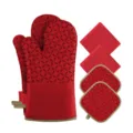 Red silicone heat resistant oven mitts and pot holders set for baking kitchen cooking. - Red 6-Piece Set
