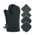 Non-slip silicone oven mitts and pot holders set, heat resistant kitchen gloves for baking cooking. - Dark Green Six-Piece Set