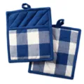 Blue white gingham kitchen pot holders set, pure cotton heat resistant mat for baking cooking. - Blue and White Pot Pads