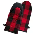 Red and black buffalo plaid thick cotton oven mitts for heat insulation and baking safety - Heat-resistant Gloves / Red & Black