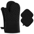 Non-slip silicone oven mitts and pot holders set, heat resistant baking gloves for kitchen. - Black Four-Piece Set (2 Mitts + 2 Mats)