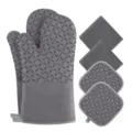Grey silicone oven mitts and pot holders set, heat-resistant kitchen baking gloves for cooking. - Grey 6-Piece Set (2 Mitts + 2 Placemats + 2 Towels)