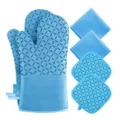 Blue silicone oven mitts and pot holders set heat resistant kitchen baking gloves and pads. - Light Blue Six-Piece Set