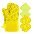 Yellow silicone oven mitts set with pot holders and cloths for kitchen baking and microwave use. - Yellow 6-Piece Set