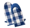 Blue and white checkered oven mitts, thick heat resistant cotton kitchen baking gloves pair. - Blue and White Gloves