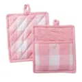 Pink checkered cotton pot holder and oven mitt set, heat resistant kitchen baking pads. - Pink and White Pot Pads