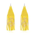 Bohemian handmade yellow seed bead fringe earrings with a stylish peace sign design. - Yellow