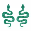 Detail shot of stylish long green acrylic snake earrings, showing unique pattern and design. - Green (EA1848)