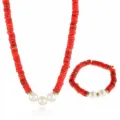Rote Muschelperlen und weiße Perlen Halskette Armband Schmuck Set Damen Mode - Armband Ohne Kette / Rot