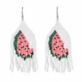 Handmade watermelon beaded fringe earrings detail view, colorful summer drop jewelry item. - Watermelon Style (EA1877)