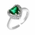 European style silver open ring featuring a stunning green heart cubic zirconia with sparkling stones. - Adjustable Open / Style 2 (R0022) / Silver Green