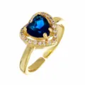 Gold-plated open ring featuring a stunning blue heart-shaped cubic zirconia with clear stones. - Adjustable Open / Style 2 (R0022) / Gold Blue