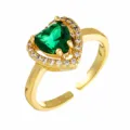 Gold plated adjustable green heart cubic zirconia ring, trendy fashion jewelry accessory. - Adjustable Open / Style 2 (R0022) / Gold Green