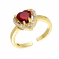 Gold-plated adjustable ring featuring a striking red heart zircon stone with a dazzling halo. - Adjustable Open / Style 2 (R0022) / Gold and Red