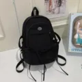 Black casual nylon backpack for students, stylish large capacity school book bag with ribbons. - Black