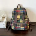 Japanese retro plaid backpack for women, casual vintage school bookbag with versatile design. - One Size / Green