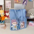 Cute light blue canvas ita bag with clear front pockets for cotton dolls and anime cards. - Bare Bag / Light Blue