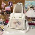 White canvas itabag with clear front pocket, cute anime pins, large capacity shoulder bag. - White